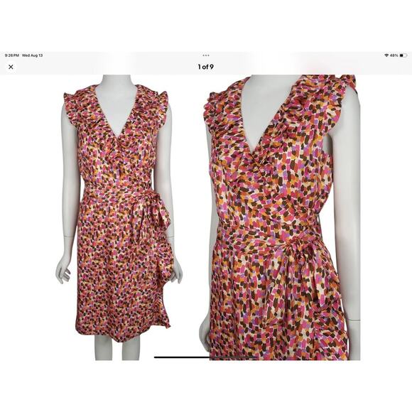 KATE SPADE Aubrey Wrap Dress 6 Pink Brown Abstract Print Silk Sleeveless Ruffles - Picture 1 of 15
